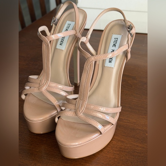 Steve Madden Shoes - Steve Madden Nude Patent Leather Platform T-Strap Heels